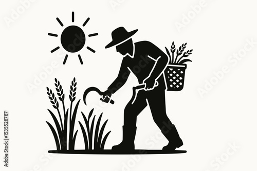 Monochrome depiction of a farmer harvesting crops under a bright sun carrying a basket filled with harvested grains using a sickle in a field of