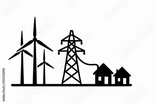 A black and white illustration showing wind turbines an electrical transmission tower and two houses connected by a power line representing renewable energy and home