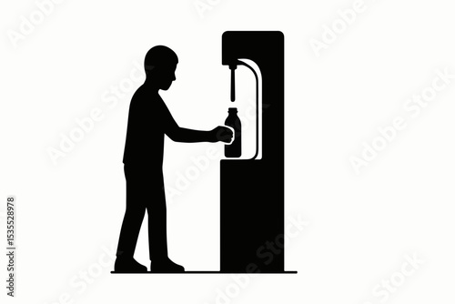 Silhouette of a person filling a bottle at a water filling station promoting sustainability and reusable containers against a clean white background for emphasis black