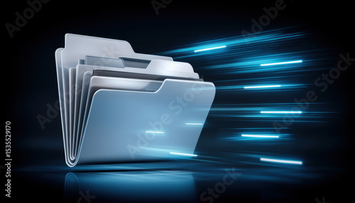 Digital folder icons represent fast data transfer with glowing blue light streaks symbolizing quick file movement in dark background