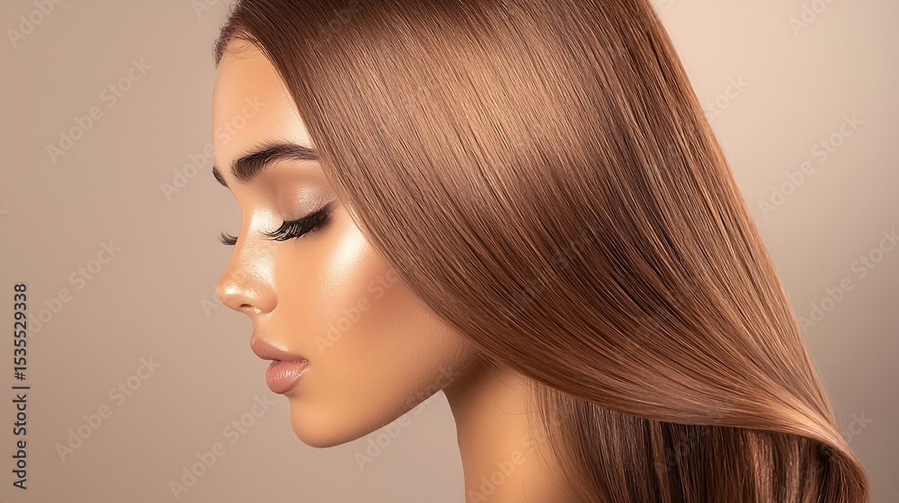 Fototapeta premium Elegant Profile of a Young Woman with Long, Smooth Hair and Natural Makeup Against a Soft Background