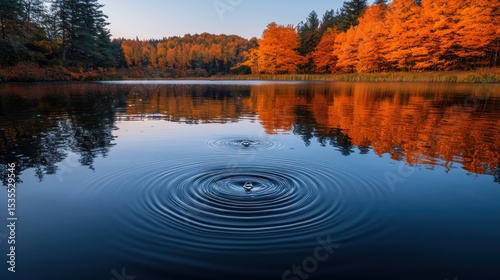 Autumnal lake ripples.  Ripples radiate outward from a placid lake surface.  Vibrant orange and red autumn foliage reflects serenely on the still water.  Tranquil forest edge
