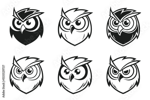 Set of six stylized owl head designs for logos badges emblems and illustrations