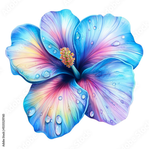 vibrant blue hibiscus flower with colorful petals and water droplets, showcasing intricate details and stunning blend of colors