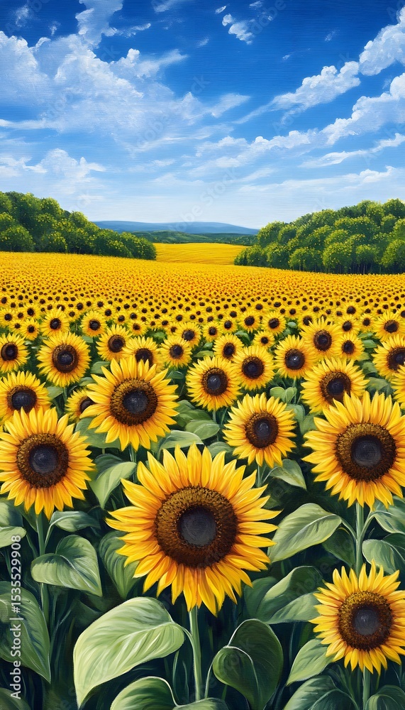 Fototapeta premium A vast field of sunflowers under a vibrant blue sky.