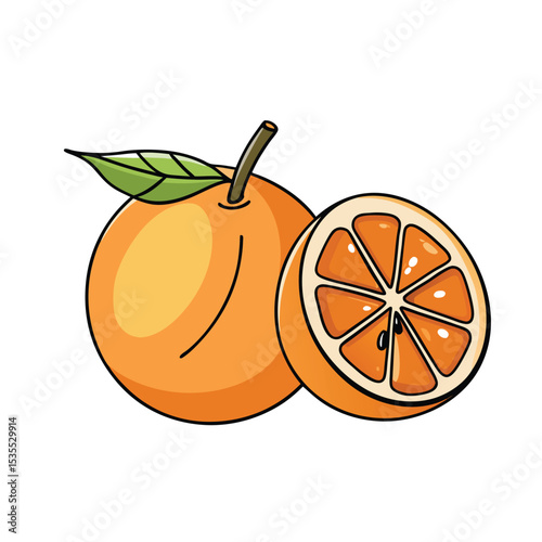Vibrant cartoon orange fruit whole and sliced with leaf vector illustration