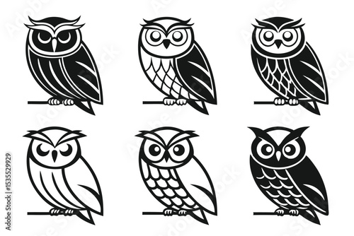 Simple and stylish black and white owl vector illustrations on a white background