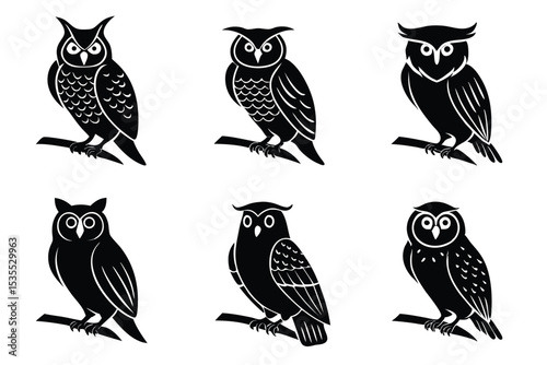 Six black and white owl silhouettes perched on branches vector illustration