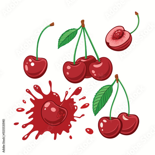Delicious red cherries vector illustration with leaves and juice splatter design