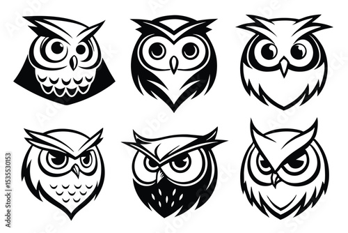 Six stylized black and white owl head illustrations for logo design or branding