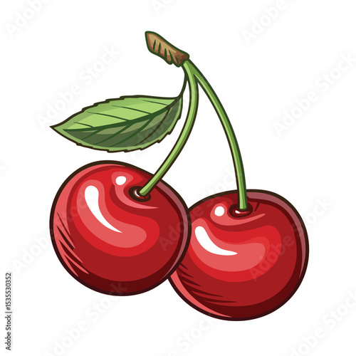 Vibrant vector illustration of two ripe cherries with leaves on a white background