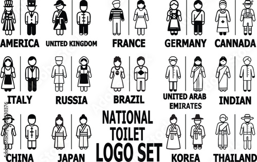 Vector restroom icons of men and women in traditional national costumes from different countries. Perfect for multicultural toilet signage, global-themed restrooms, or public space design.