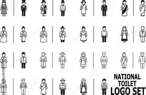 Vector restroom icons of men and women in traditional national costumes from different countries. Perfect for multicultural toilet signage, global-themed restrooms, or public space design.