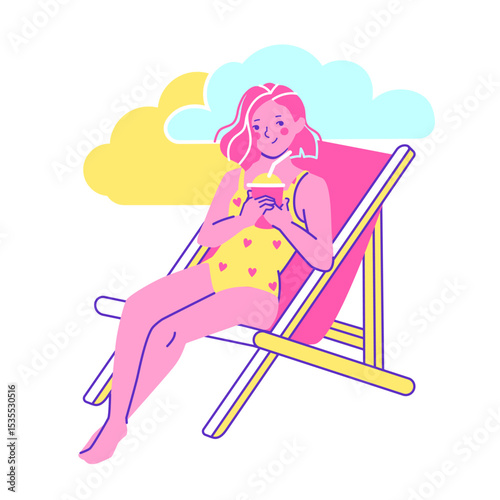A relaxed young woman enjoys a tropical cocktail under the sun on a cozy beach chair, perfect for leisure, vacation, and summer lifestyle themes
