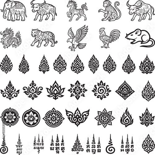 Set of traditional Thai vector art including animals, flame motifs, lotus patterns, and sacred yantra symbols. Perfect for tattoo design, decoration, or cultural illustrations.