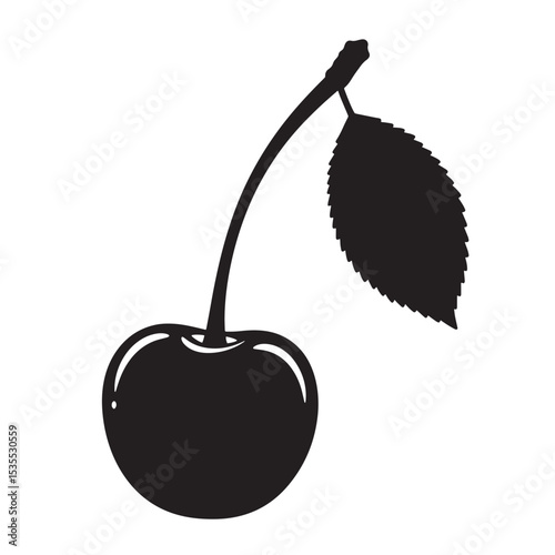 Elegant black and white cherry silhouette depicting a single fruit with stem and leaf isolated on white background