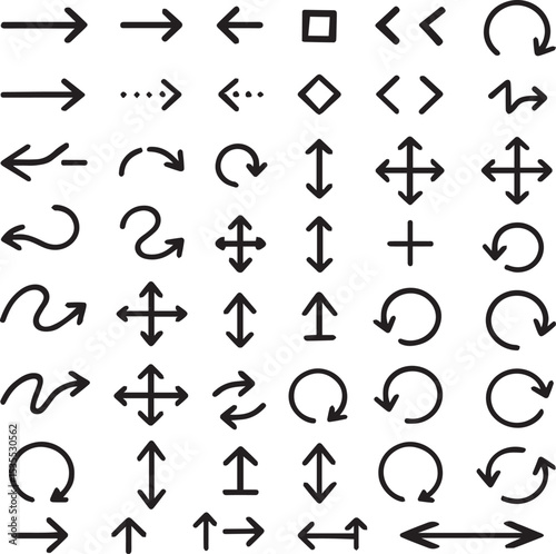 Arrow Icon Set: Collection of various arrow icons, perfect for website design, application interfaces and presentations. This diverse set includes a variety of styles, directions, and sizes.
