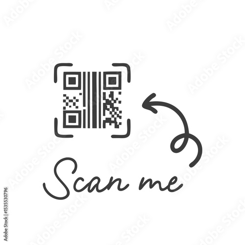 Simple scan me instruction with qr code and curved arrow design on white background