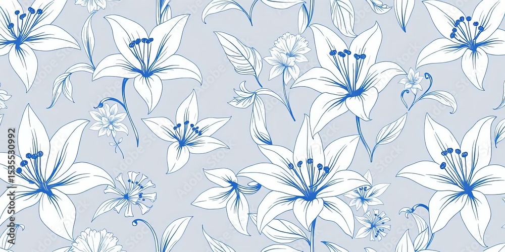 Fototapeta premium Hand-drawn blue line lily floral seamless pattern, perfect for textile & wedding designs, repeat, textile design