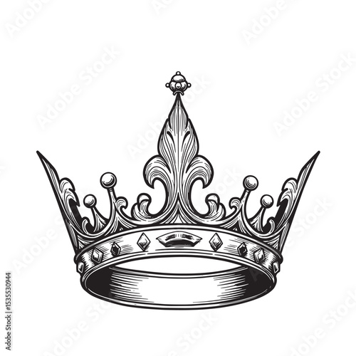 Elegant engraved silhouette illustration of a royal crown depicting authority royalty and power symbolizing wealth and prestige