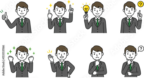  Businessman with various expressions of ideas, creativity, confusion, and excitement in a professional suit, showcasing communication and emotions for corporate concept flat vector illustration