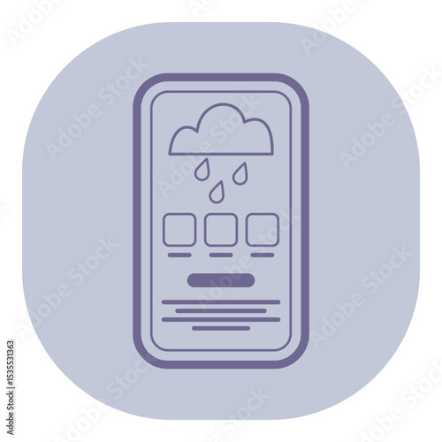Mobile device with weather app interface featuring rain cloud with drops, alongside placeholders for temperature and conditions, set against soft background