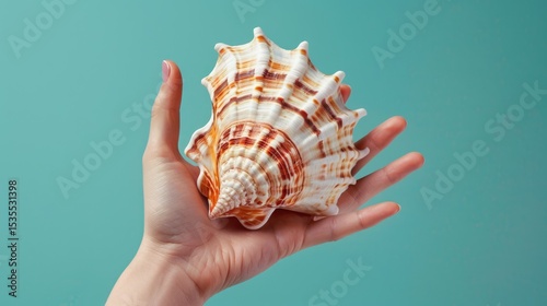 Large ridged seashell in hand against cyan backdrop.