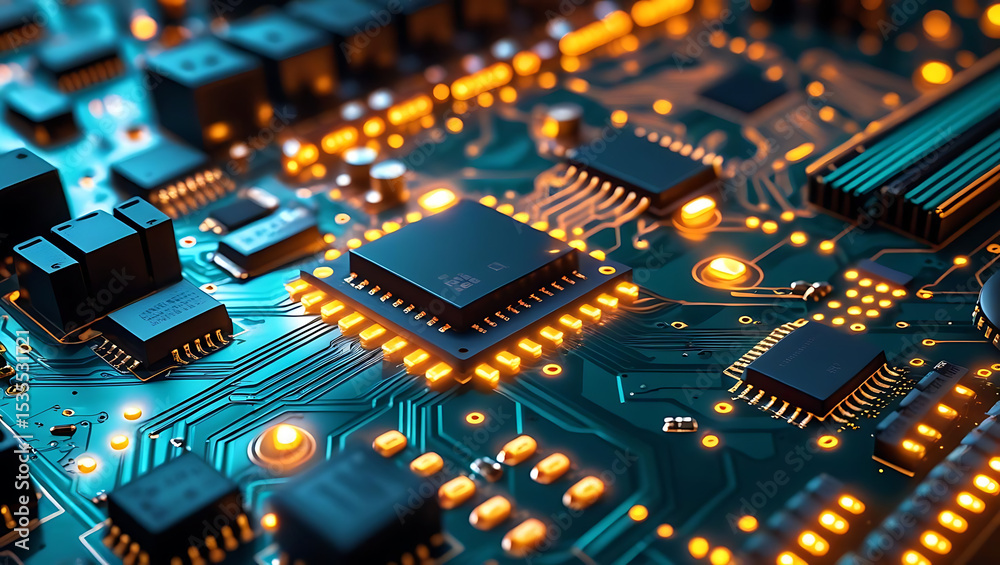 Obraz premium Close up of a green electronic circuit board with microchips and computer components