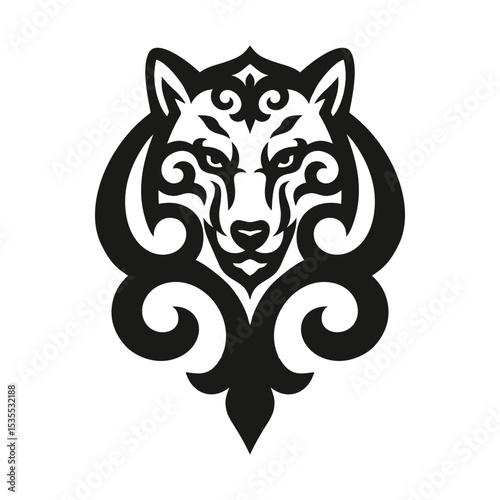 Stylized tribal wolf head in black ornament, ethnic totem design, wild animal illustration, tattoo or emblem concept, isolated on white background.