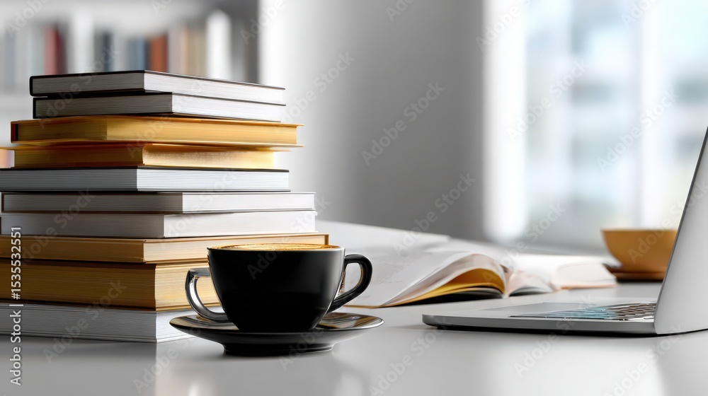 Fototapeta premium a stack of books and coffee cup