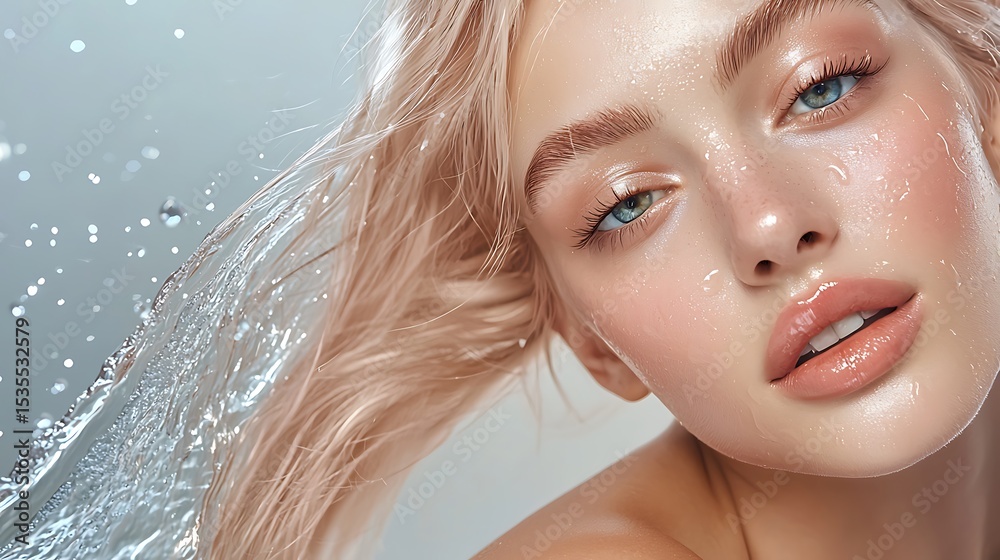 Naklejka premium Close-up Portrait of a Young Woman with Glowing Skin, Wet Hair, and Water Droplets on Face and Hair