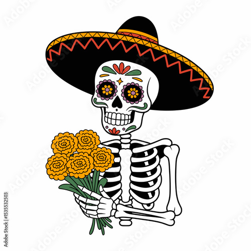 Día de los Muertos Skeleton with Sombrero and Flowers