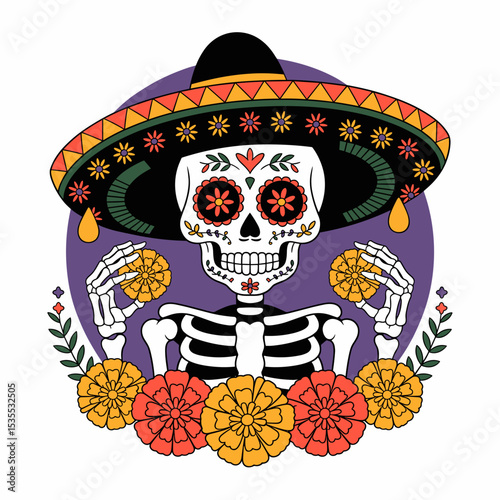 Día de los Muertos Skeleton with Sombrero and Flowers