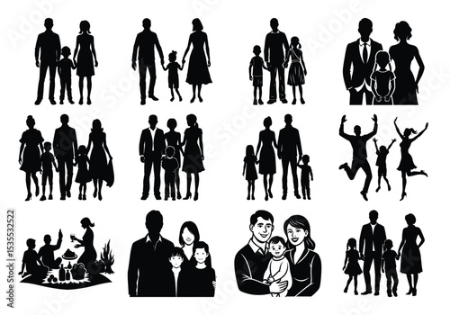 silhouette of a happy family with children , Couple standing with their baby ,  Vector silhouette of family , Silhouettes of families at walking on a white background .