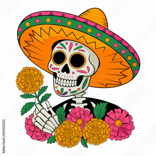 Día de los Muertos Skeleton with Sombrero and Flowers