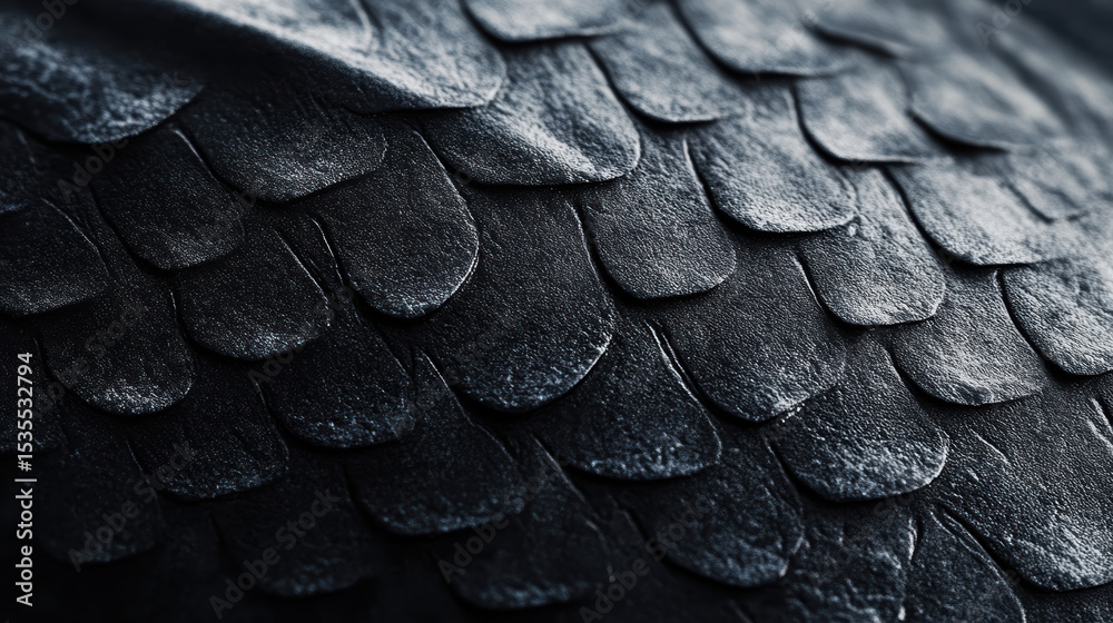Fototapeta premium Close-up of overlapping dark gray and black textured fish scale pattern highlighting detailed layered natural design and surface texture for artistic backgrounds