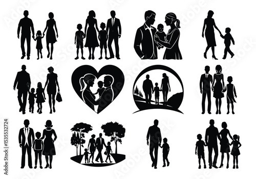 silhouette of a happy family with children , Couple standing with their baby ,  Vector silhouette of family , Silhouettes of families at walking on a white background .