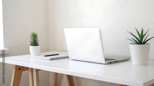 Wallpaper Mural Modern home office desk with laptop notepad and potted plants in minimalist workspace with bright natural lighting Torontodigital.ca