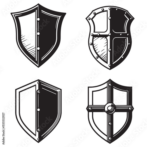 Set of four black and white silhouette shield designs depicting medieval protection and heraldic symbolism