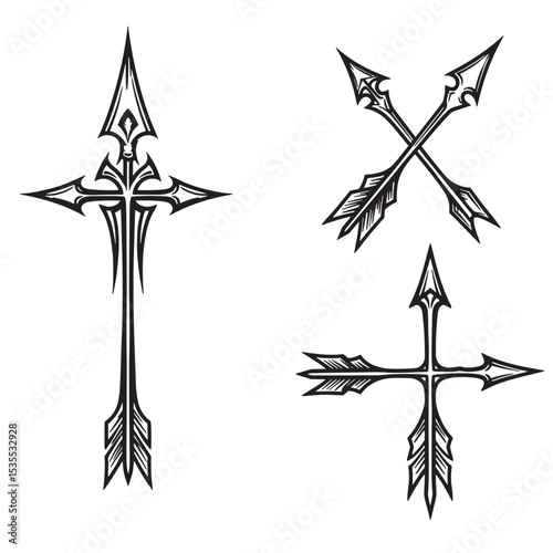 Set of four elegant black and white arrow designs featuring intricate silhouettes for decorative tattoos or graphic elements
