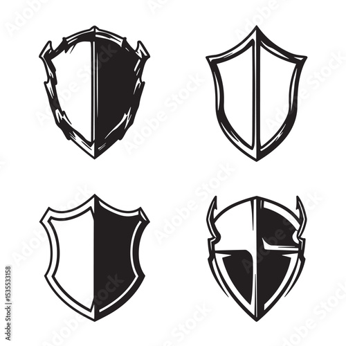Set of four shield silhouettes in a hand-drawn style illustrating protection emblem and heraldry concepts