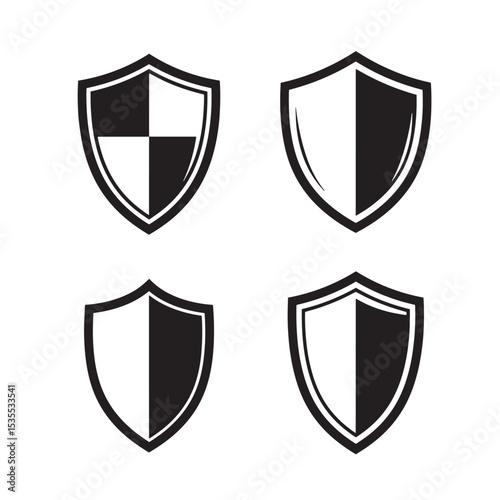 Set of shield silhouettes in black and white designs reflecting concepts of protection security safety and defense elements