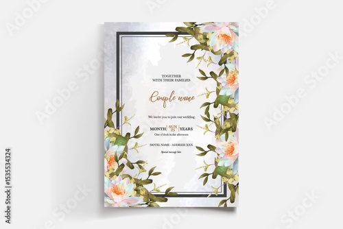 WEDDING INVITATION FRAME WITH FLOWER DECORATIONS AND FRESH LEAVES