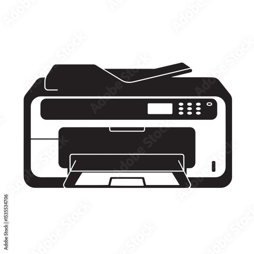 Sleek black and white silhouette illustration of a modern office all in one printer copier scanner and fax machine.