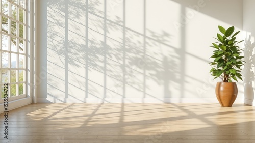 Serene indoor scene with a houseplant casting shadows on the wall, showcasing natural light and minimalist design in a bright room