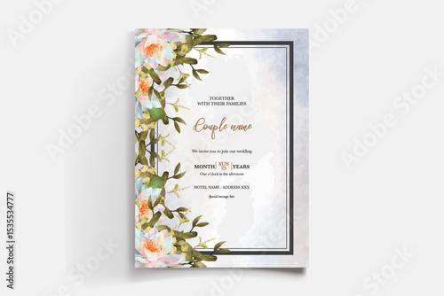 WEDDING INVITATION FRAME WITH FLOWER DECORATIONS AND FRESH LEAVES