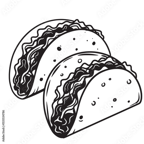 Two delicious and artistic mexican tacos depicted in a simple black and white silhouette perfect for food-related design projects.