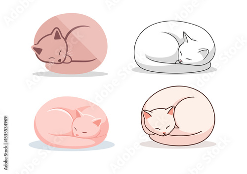 Sleeping cat curled in a circle, simplified cozy form with soft shadow, symbolizing deep rest and comfort on transparent background