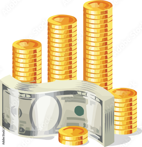 Financial Growth: Stacks of gold coins and a rolled-up dollar bill illustrate financial prosperity and growth.