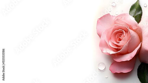 Delicate pink rose with dewdrops and vibrant green leaves, symbolizing beauty, love, and nature's charm.